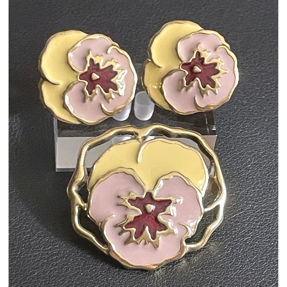 Vintage Enamel Pansy Brooch Earrings Set Clip Ons Flower Floral Spring